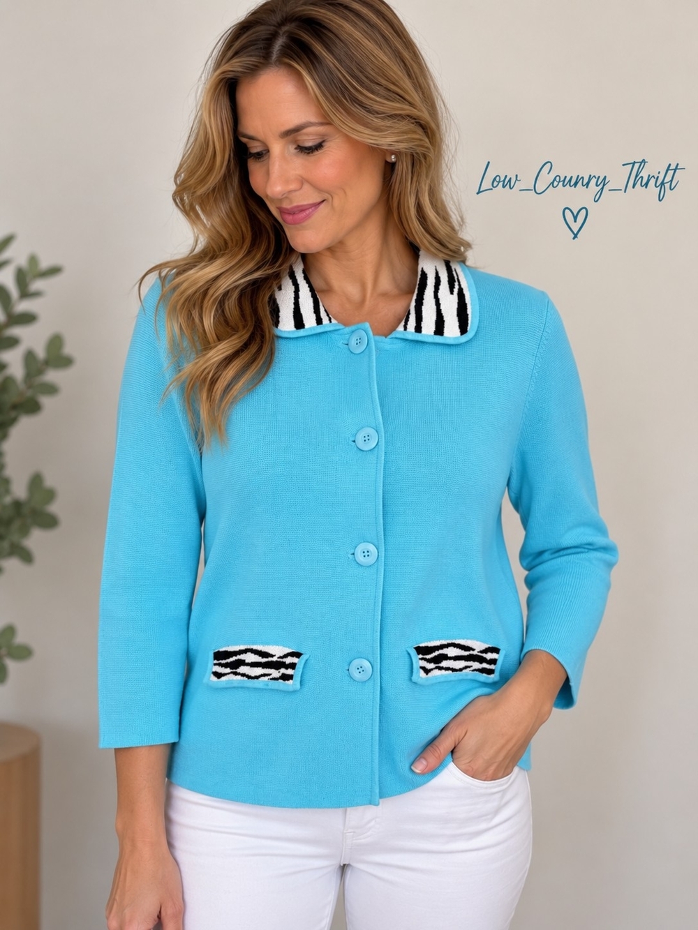Edinburgh Knitwear Pima Cotton Cardigan Women's M Aqua Blue Zebra Collar
